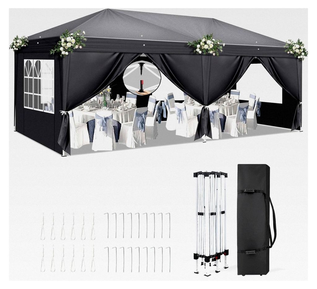 Pavillon 3x6m, One-Touch Faltpavillon, wasserdicht, winterfest, UV-Schutz 50+, Gartenzelt, Partyzelt, mit 6 Seitenteilen, für Garten, Party, Campi...