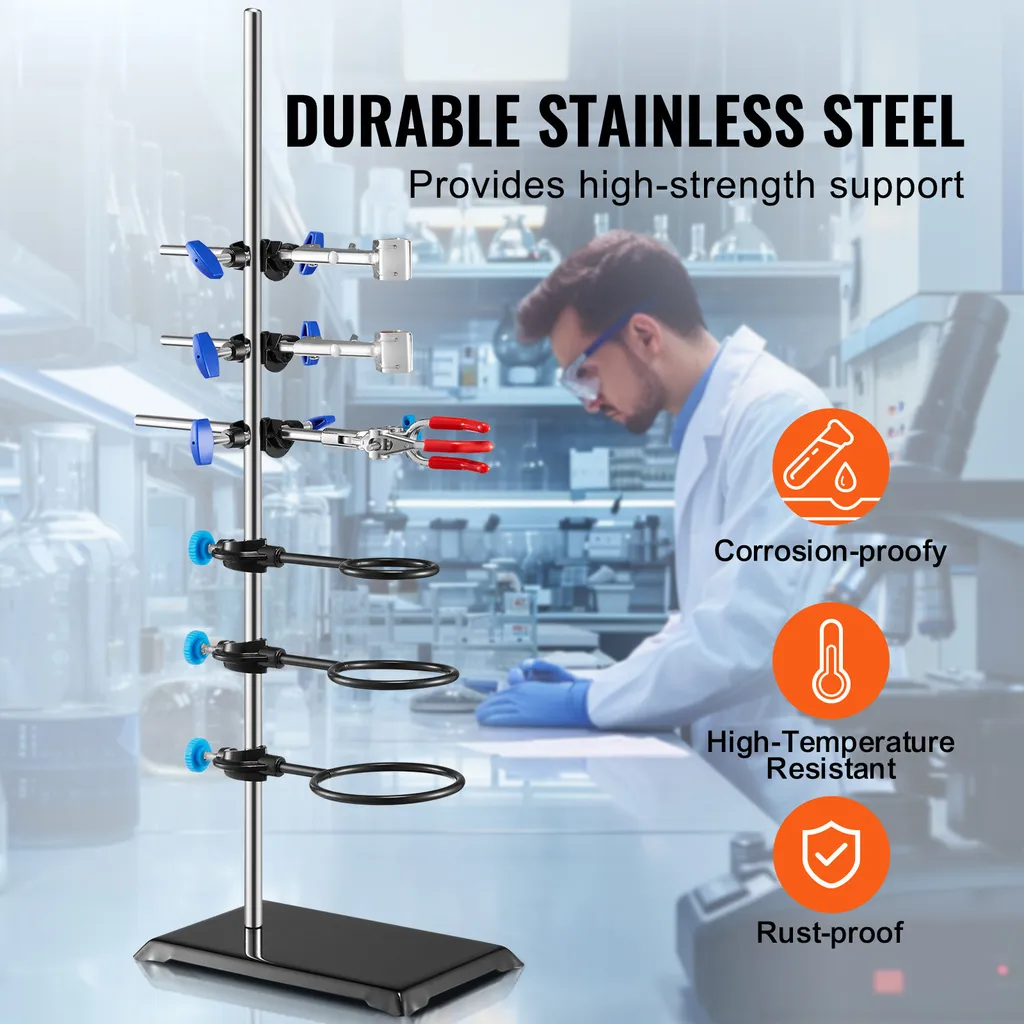 SucceBuy set di stativi da laboratorio, stativo da laboratorio con asta in acciaio inox da 23,6 e base in ghisa da 8,3 x 5,3, comprensivo di morsetti per matracci, morsetti per tavole e morsetti a croce per esperimenti - 2