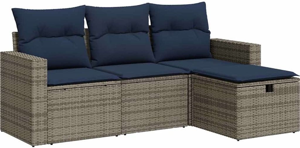 4-tlg. Garten-Sofagarnitur mit Kissen Grau Poly Rattan