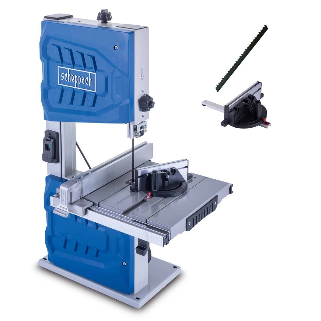 A blue and gray bandsaw with accessories shown separately.