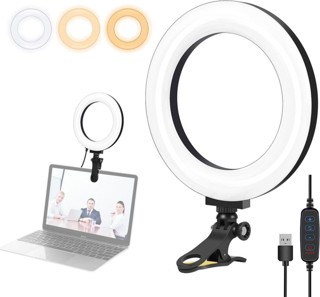 PULUZ 16 cm/6,2 Zoll USB-Ringlicht 3200šC5600 K Farbtemperatur 10 Helligkeitsstufen mit Befestigungsklemme fuer Live-Video-Laptop-Fuelllicht