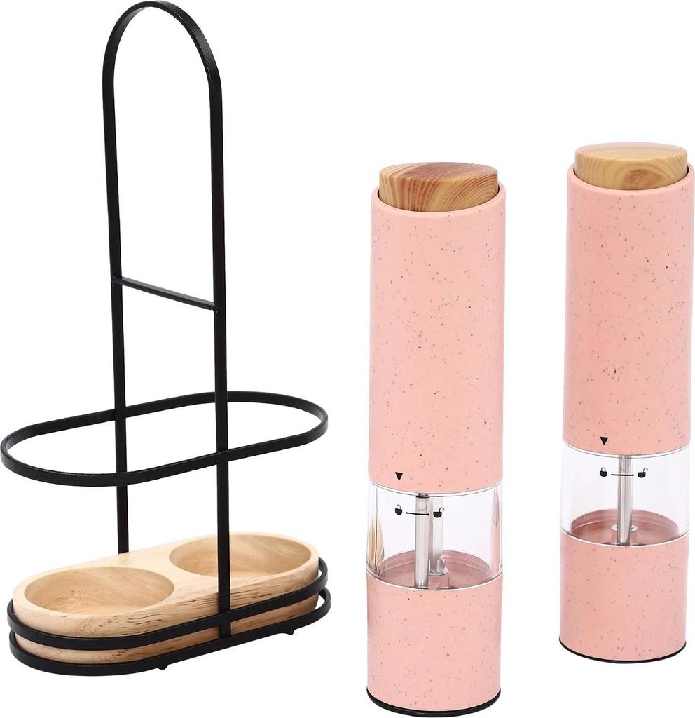 Elektrisches Pfeffermühlen Set - Salz- und Pfeffermühle - Verstellbarer Mahlgrad - LED-Licht - 2er-Set mit Ständer - 20,5 cm - Rosa