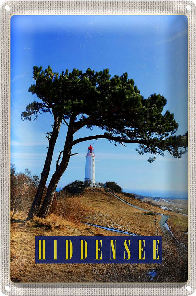 Blechschild Reise 20x30cm Hiddensee Leuchtturm Baum Weide Wiese