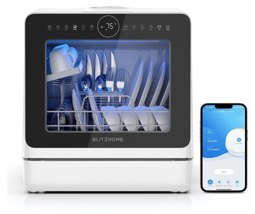 BlitzHome BH-4-CDW Kompakte Tischspülmaschine 5L Wassertank 8 Programme, APP-Steuerung, 360° Sprüharme, Heißlufttrocknung, Kindersicherung, EU-...