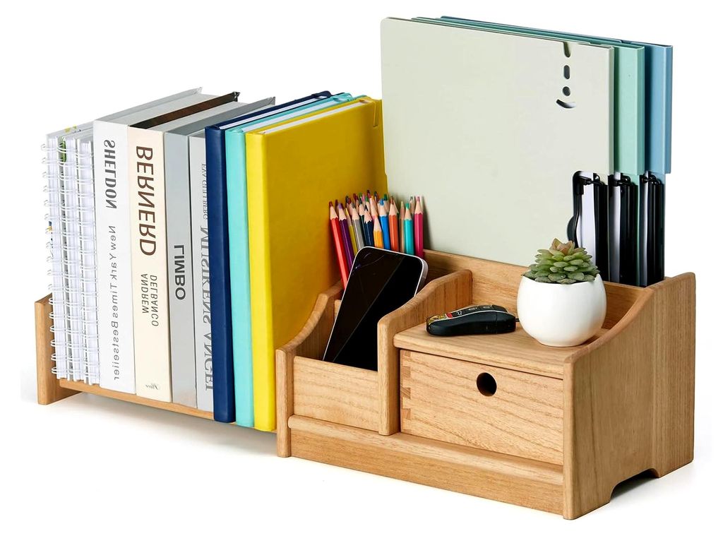 Verstellbares Holzregal mit Schublade – Komplett montierter Schreibtischorganizer, platzsparendes Regal für Bücher, Akten und Magazine in natü...