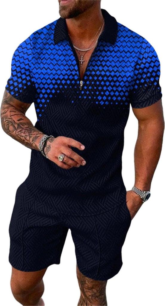 ASKSA Herren Sommer Trainingsanzug Polo Hemd Set Kurzarm T-Shirts und Shorts Outfit Freizeitanzug, Schwarz&Blau, Groesse: XXL