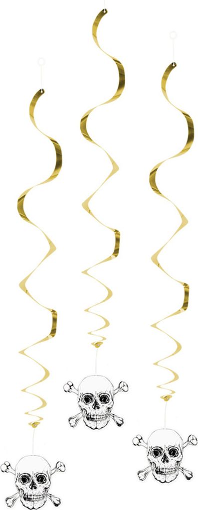 Piraten-Hängedeko Jolly Roger 3 Stück weiß-goldfarben 85 cm - Einheitsgröße