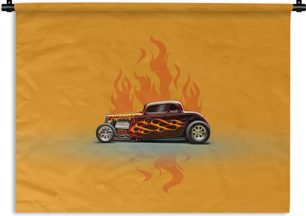 MuchoWow Wandteppich Wandbehang Auto - Flammen - Rot - Vintage 90x67.5 cm Tapisserie Dekoration Wandtuch - Fototeppich - Wand-Skulpturen