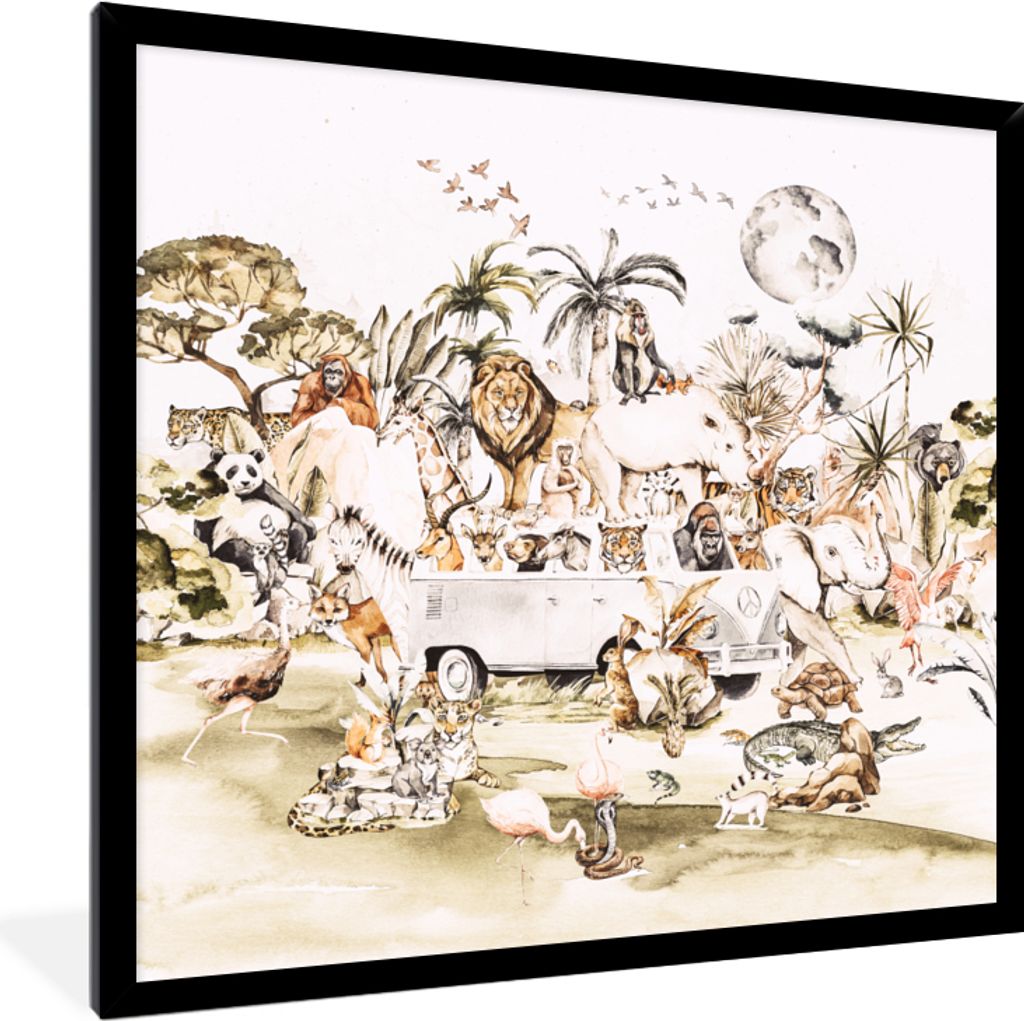 MuchoWow Gerahmtes Poster Bus - Tiere - Kinder - Jungen - Mädchen - Palme 40x40 cm - Poster mit Schwarzem Bilderrahmen Wandposter Rahmen Foto Bi...