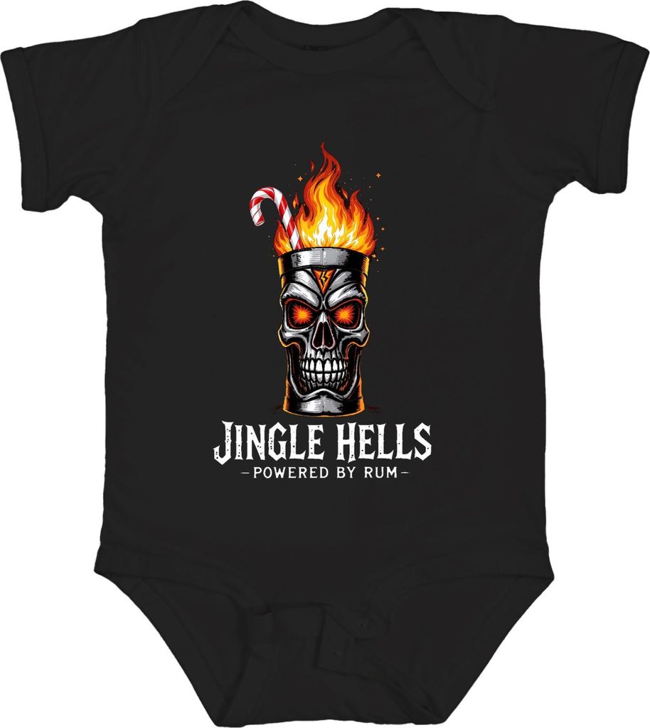 Jingle Hells Powered by Rum Totenkopf Flamme Gothic Geschenk Unisex Baby Body, Schwarz, 3/6