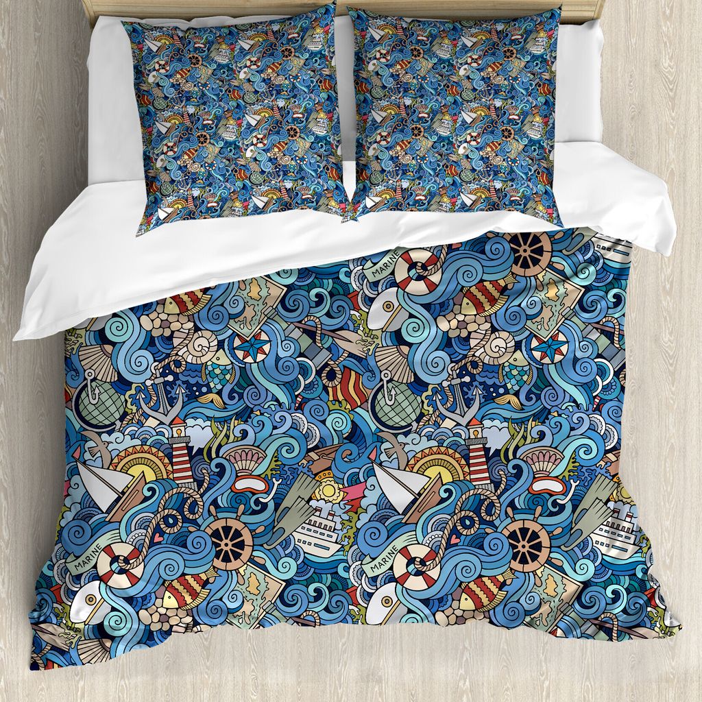 ABAKUHAUS Nautisch Bettbezug, Abstrakt Sea Shells, Milbensicher Allergiker geeignet mit Kissenbezügen, 200 cm x 200 cm - 80 x 80 cm, blau Multicolor