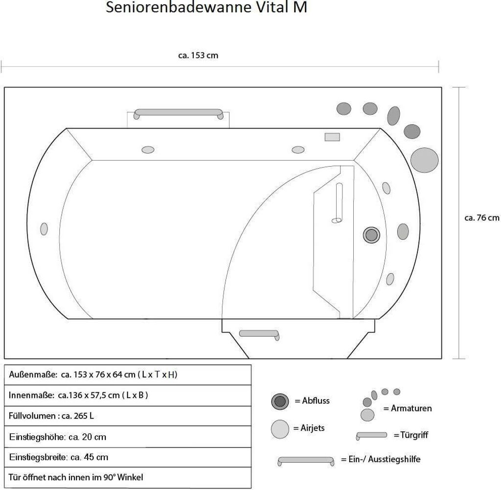 Seniorenbadewanne Vital M (liegend) mit Rechtseinstieg 160 Produktbild 8