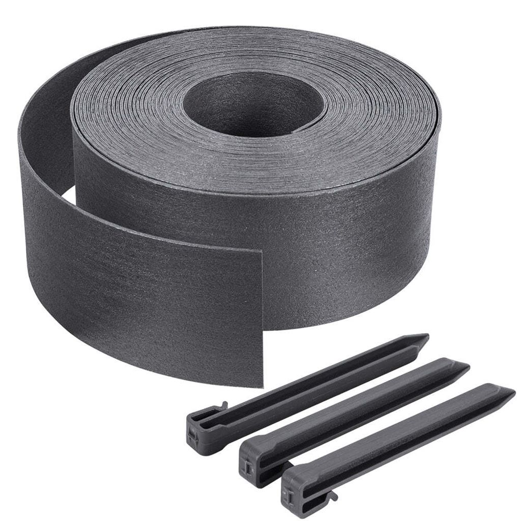 VOUNOT Rasenkante aus PE, Beeteinfassung mit 12 Befestigungsheringen Länge 20m Höhe 13cm Grau