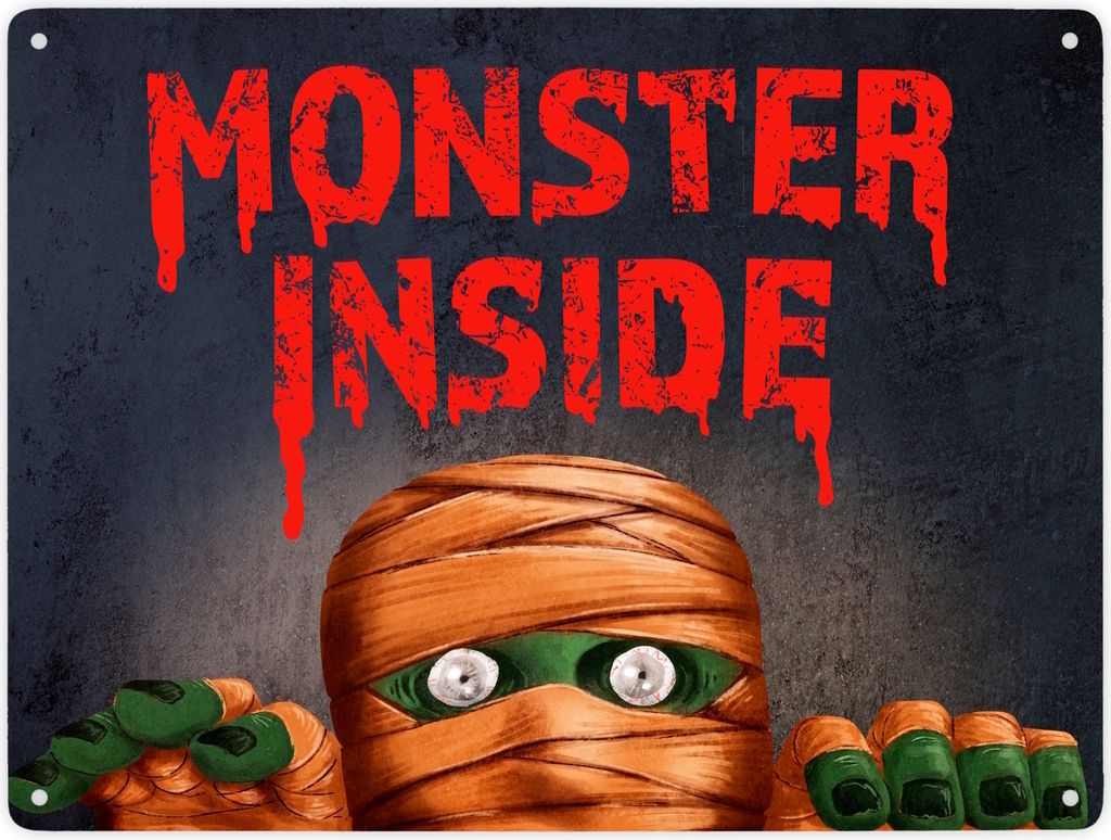 Monster Inside Halloween Metallschild XXL in 28x38 cm mit gruseligem Mumie Motiv