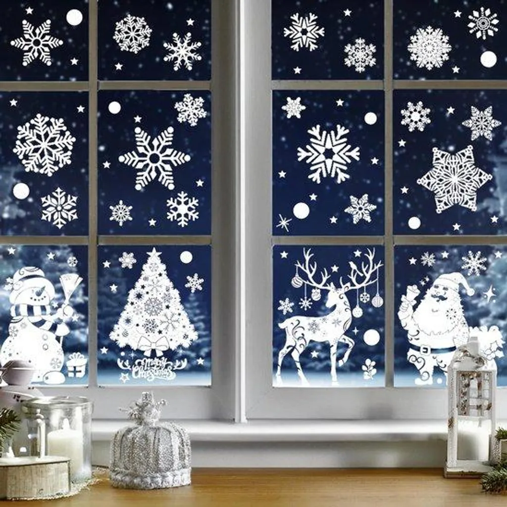 Décoration Fenêtre Noël : 219 Autocollants Blancs pour Vitres et Portes