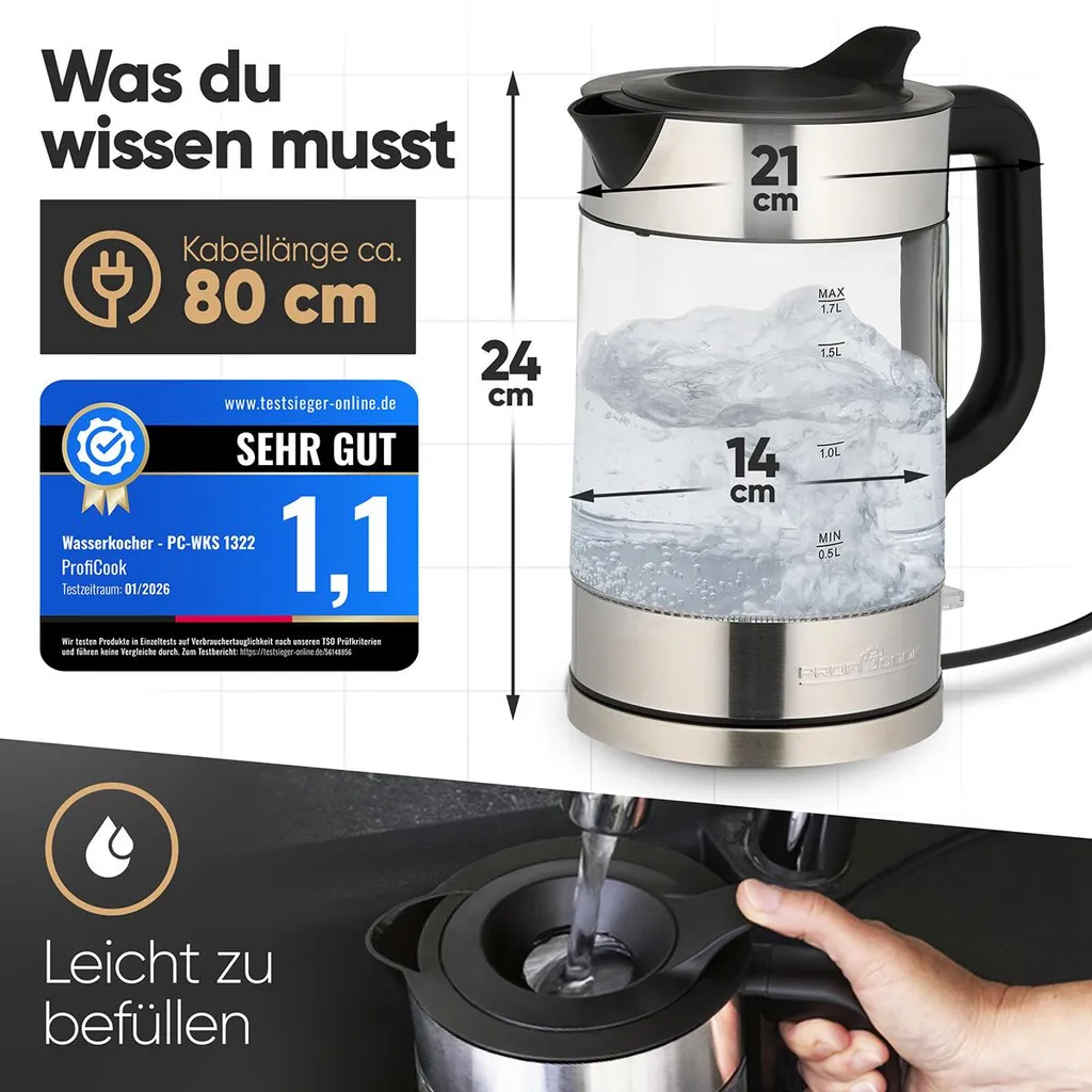 Bouilloire électrique design en verre 1,7L Profi Cook PC-WKS 1322 - 6