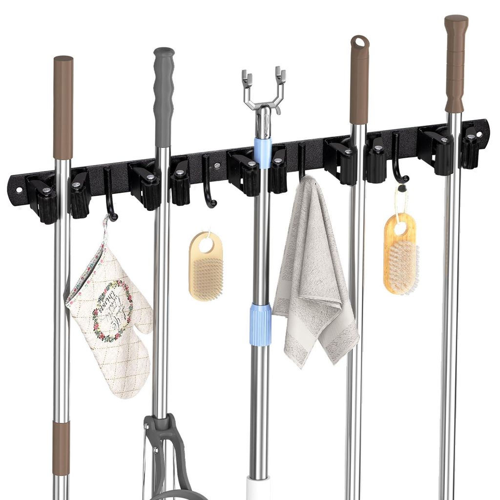 5 Besenhalter mit 4 Haken, Besenhalterung Wandhalterung Besen Mop Halter ohne Bohren oder Bohren, Selbstklebend Werkzeughalter Organizer für Garag...