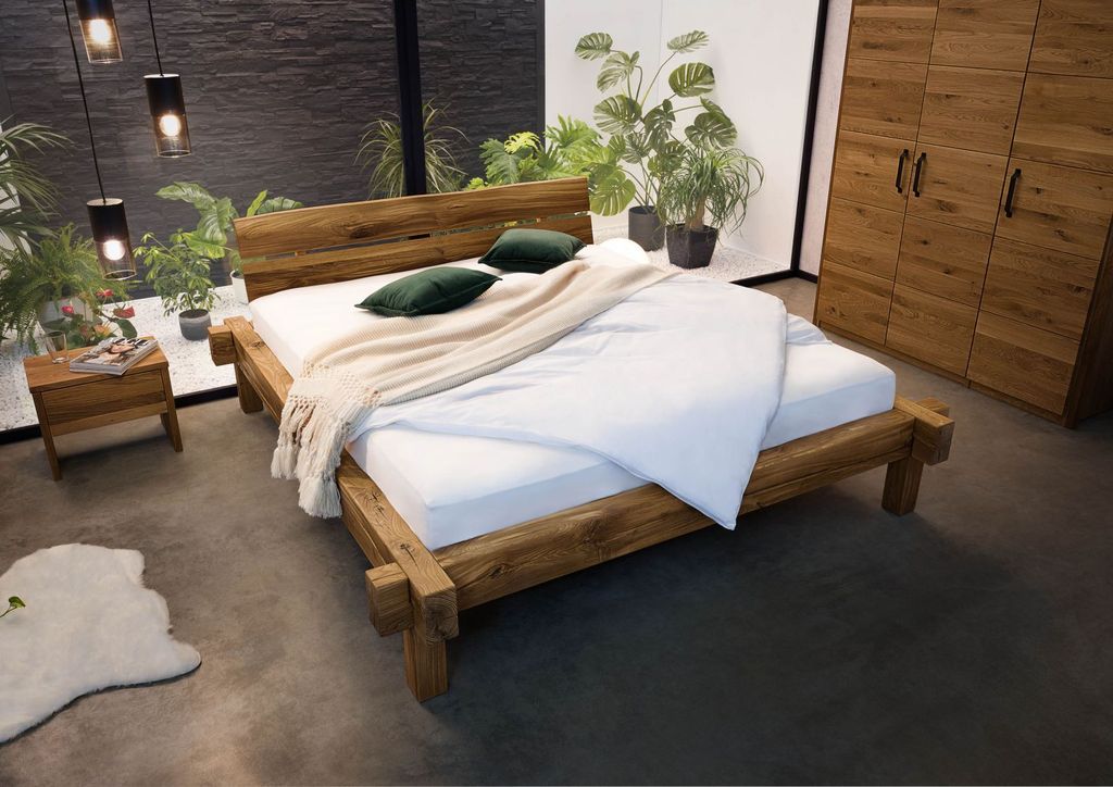 MASSIVMOEBEL24 Balkenbett Wildeiche 200x200 tabacco geölt JANGALI #313