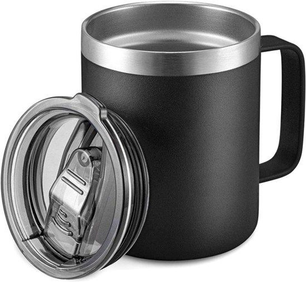 Isolierende Metallkaffeebecher (355 ml) mit Griff, doppelwandiger Reisebecher, Schiebedeckel, schwarz