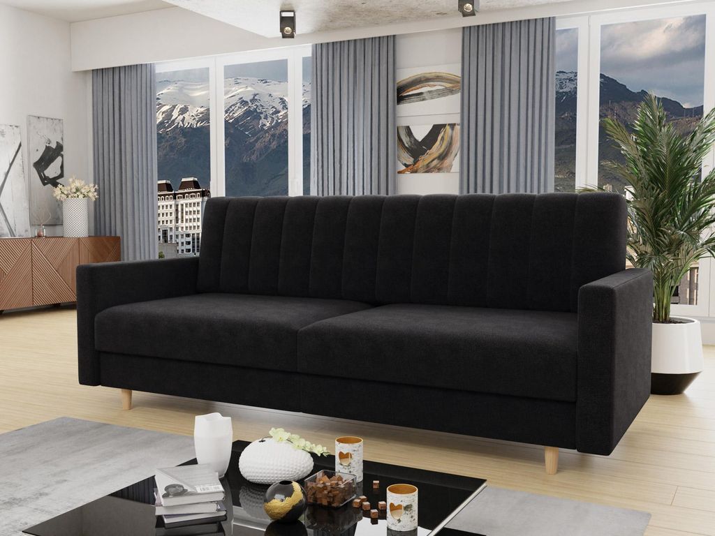 Schlafsofa Sara - Sofa mit Bettkasten und Schlaffunktion, Bettsofa, Schlafcouch mit Holzfüße, Velours (Schwarz (Kronos 07))