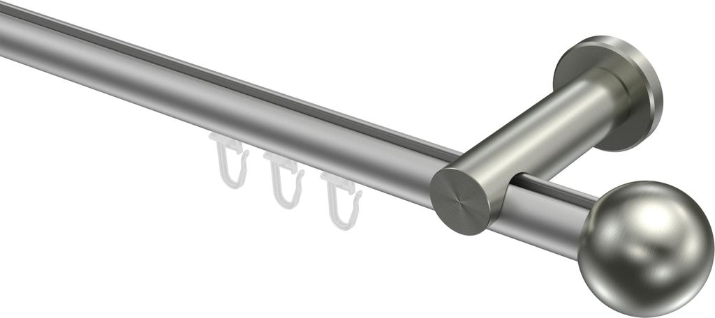 Interdeco Innenlaufstange / Gardinenstange mit Innenlauf Silbergrau / Edelstahl-Optik, Typ Platon Luino (Kugel), 20 mm Ø 1-läufig, 200 cm