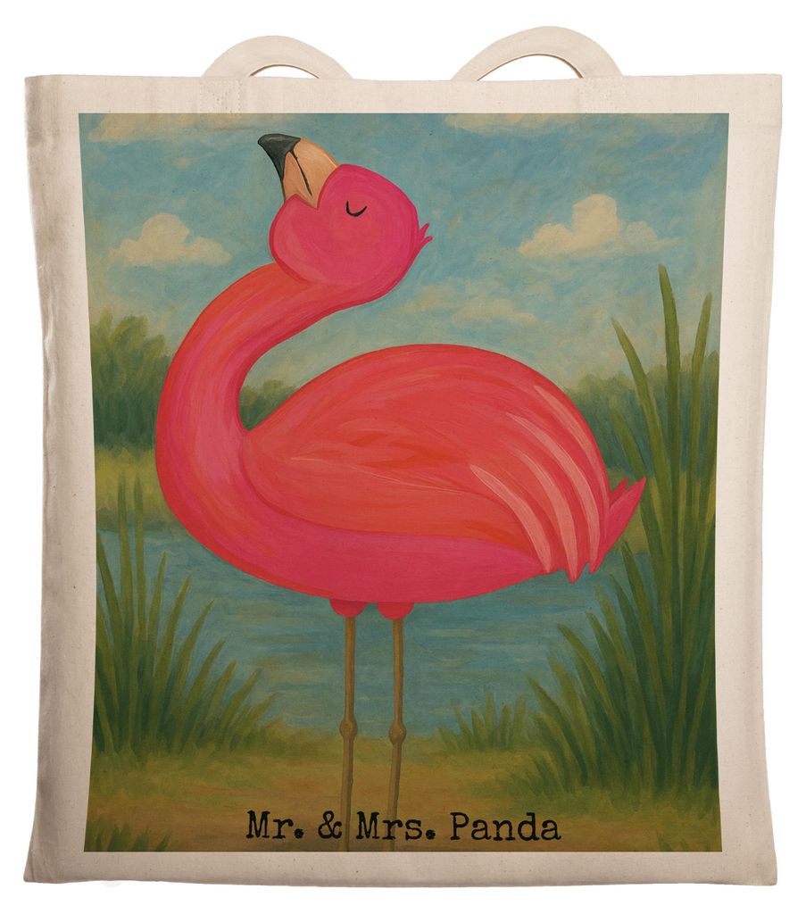 Mr. & Mrs. Panda Schultasche Flamingo Stolz Design - Weiß - Geschenk, Jutebeutel, Rosa, Mama, Tote Bag, Büchertasche, Stoffbeutel, Laptoptasche, ...