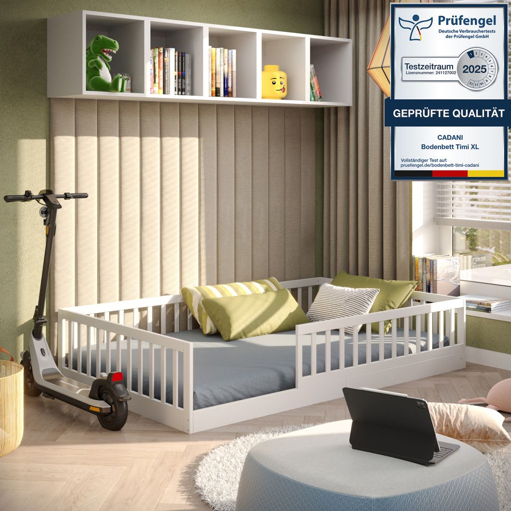 CADANI Timi Bodenbett Kinderbett 120x200 cm, Rausfallschutz abnehmbar, bis 200 kg belastbar, inkl. Roll-Lattenrost, Montessori Bett aus Kiefer Mass...