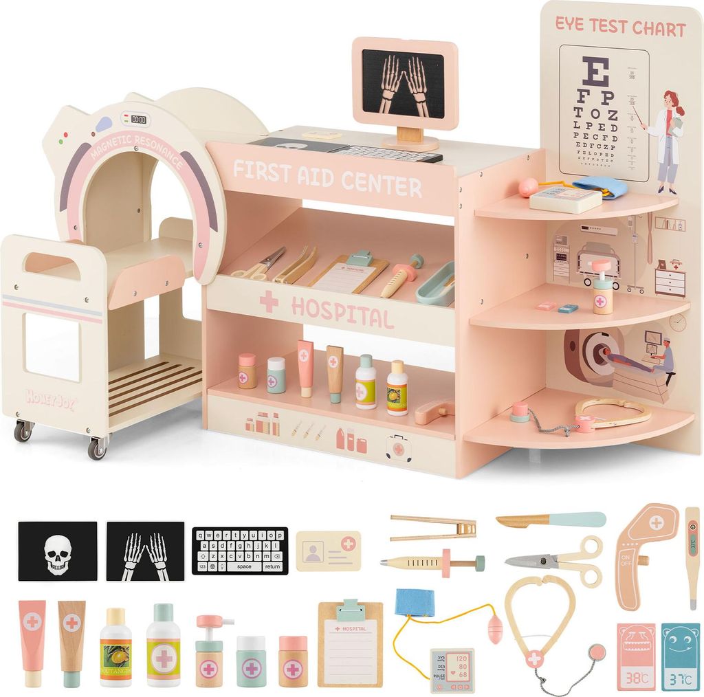 COSTWAY Kinder Arzt Spielset, Krankenhaus Rollenspiel Kit mit Sehtafel, Spielzeug-CT-Gerät, austauschbaren Filmen&medizinischen Zubehör, für Kin...