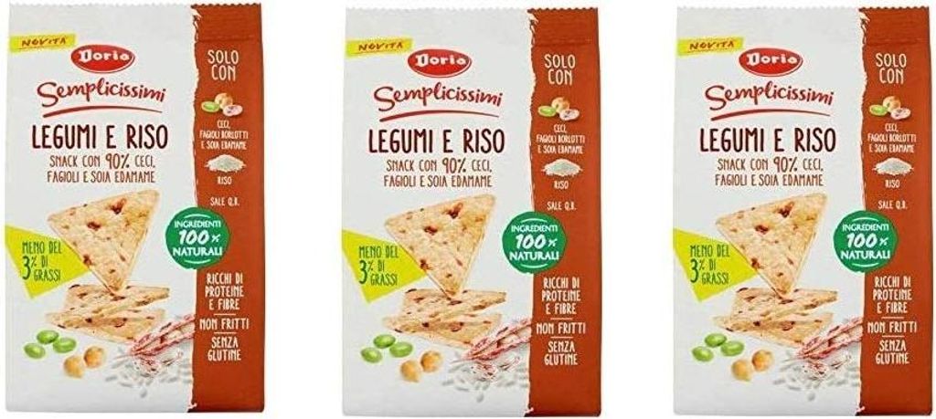 3x Doria Legumi e Riso Snack con Ceci,Fagioli e Soia Edamame Hülsenfrüchte und Reis Snack mit Kichererbsen, Bohnen und Edamame Soja nicht gebrate...