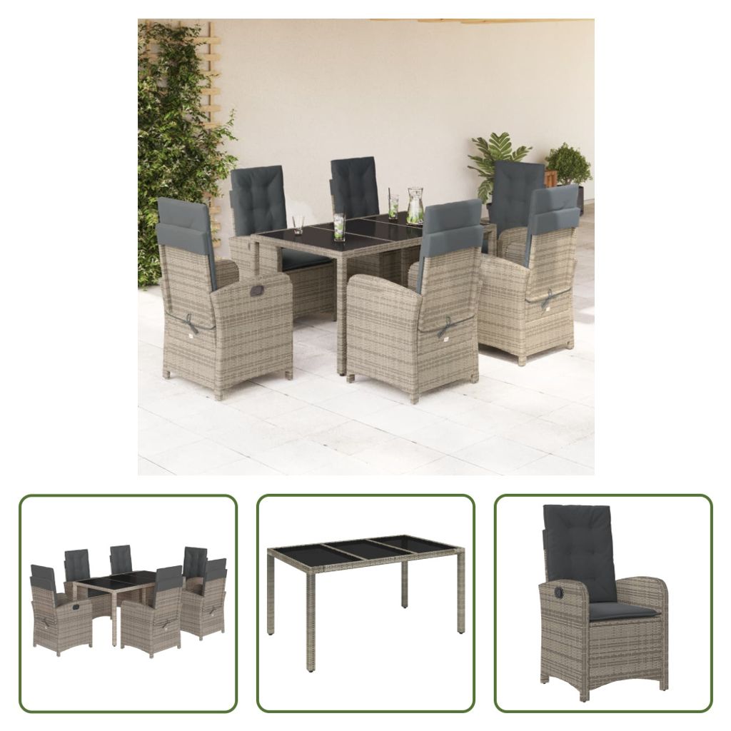 The Living Store 7-tlg. Garten-Essgruppe mit Kissen Grau Poly Rattan