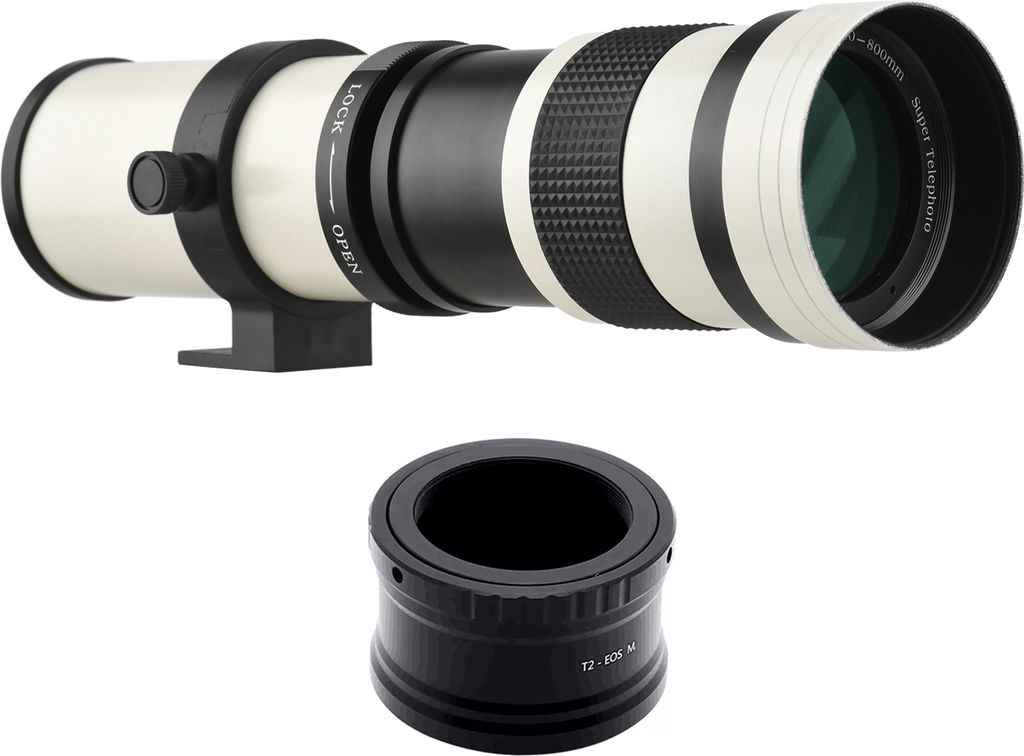 Kamera MF Supertelezoomobjektiv F/8.3-16 420-800mm T2 Mount mit M-Mount Adapterring 1/4 Gewinde Ersatz fuer Canon M M2 M3 M5 M6 Mark II M10 M50 M10...