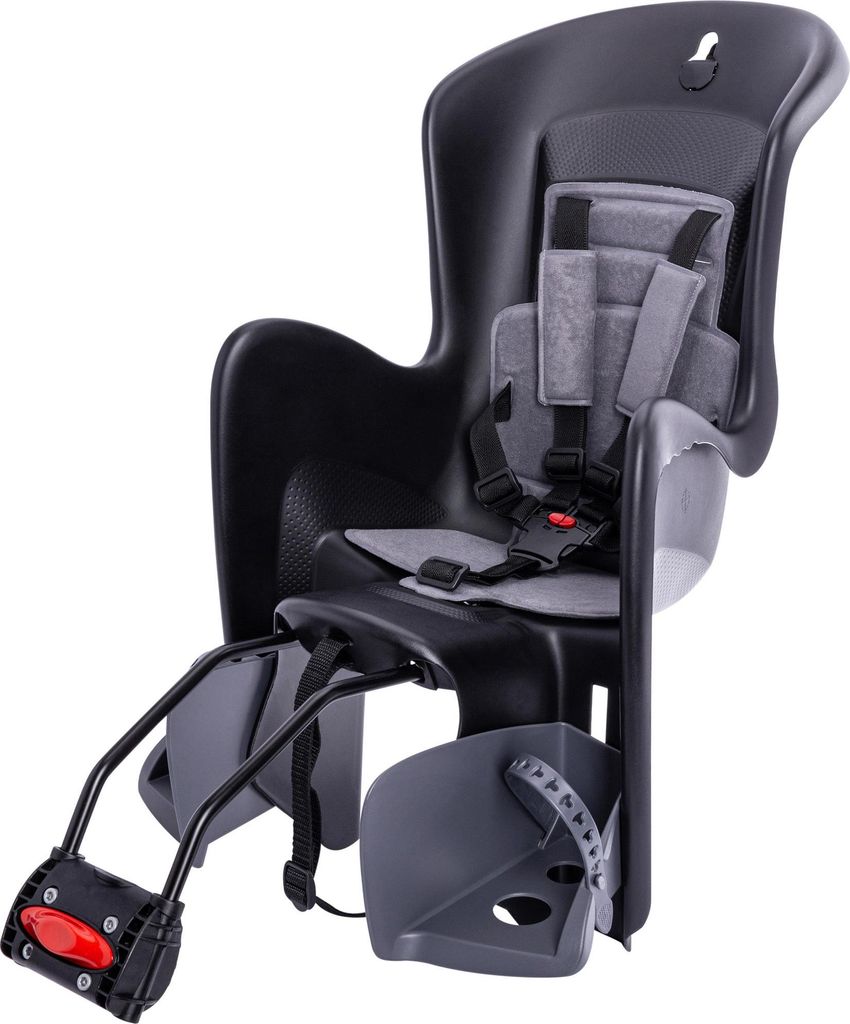 A black and gray child bicycle seat with safety straps and footrests, shown against a white background.