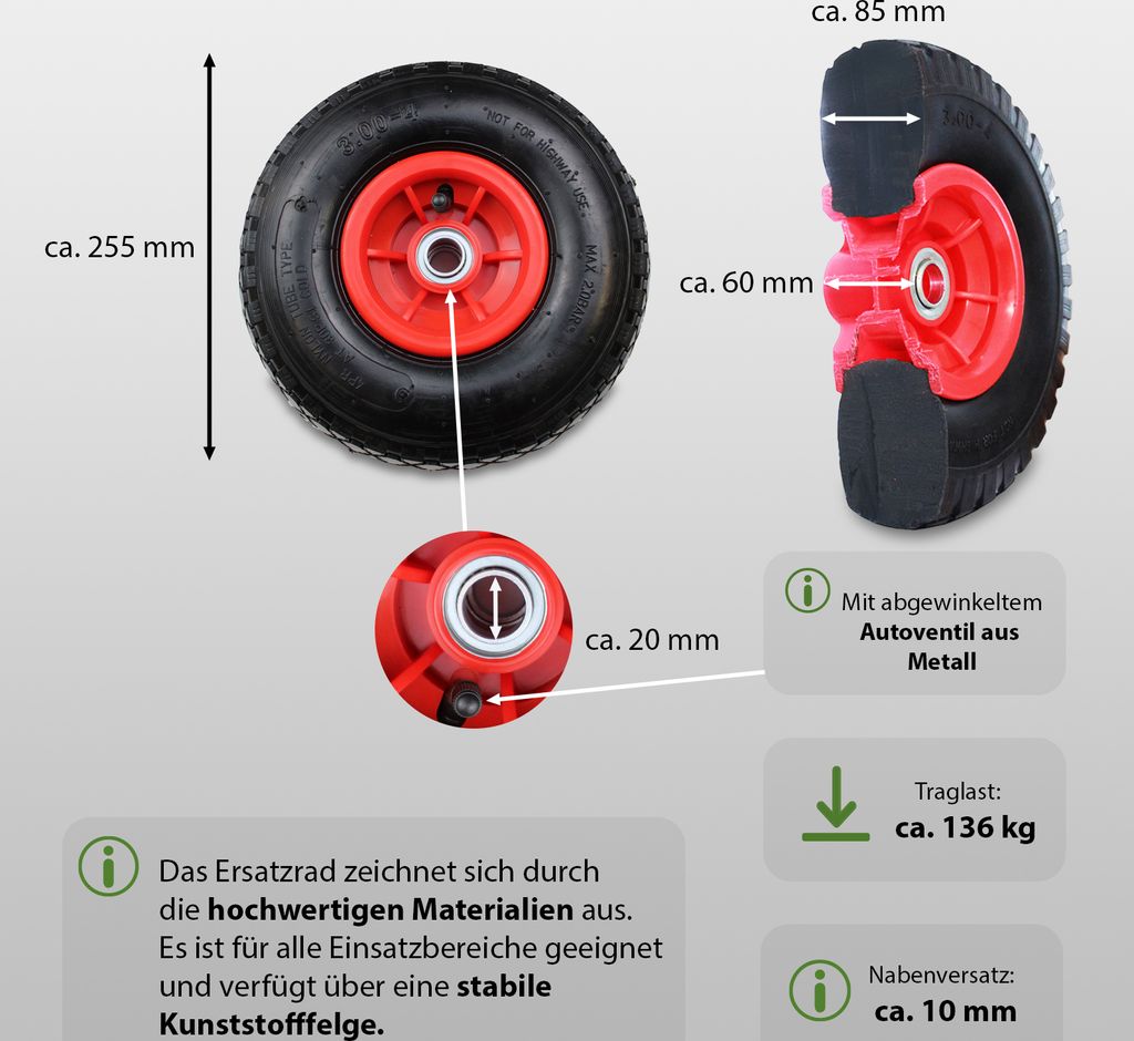2x Sackkarrenrad Luftrad 260 x 85 mm 3.00-4 Bollerwagenrad Produktbild 2