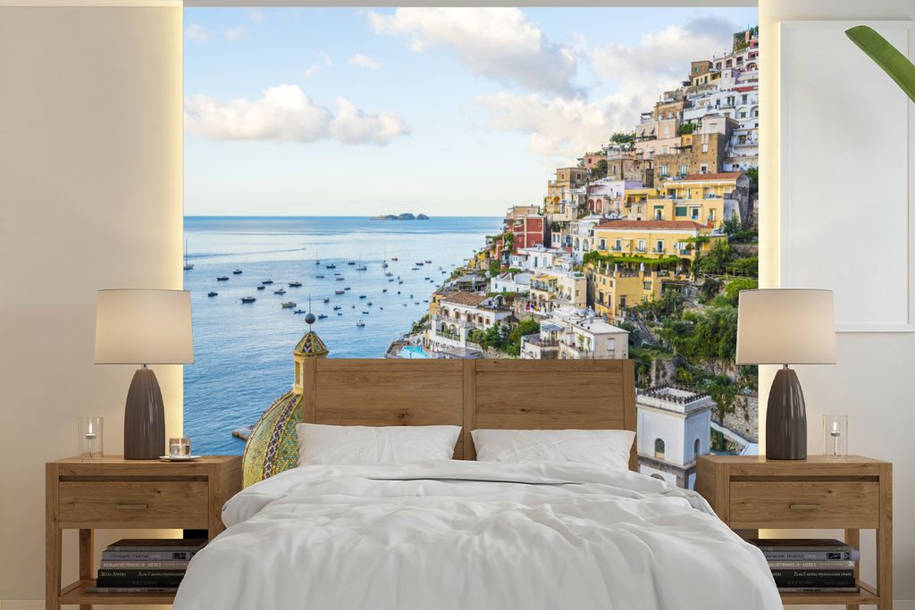 MuchoWow Fototapete für Wohnzimmer oder Schlafzimmer Wandtapete Vinyl Motivtapete Italien - Positano - Wasser - 300x300 cm - Wanddekoration