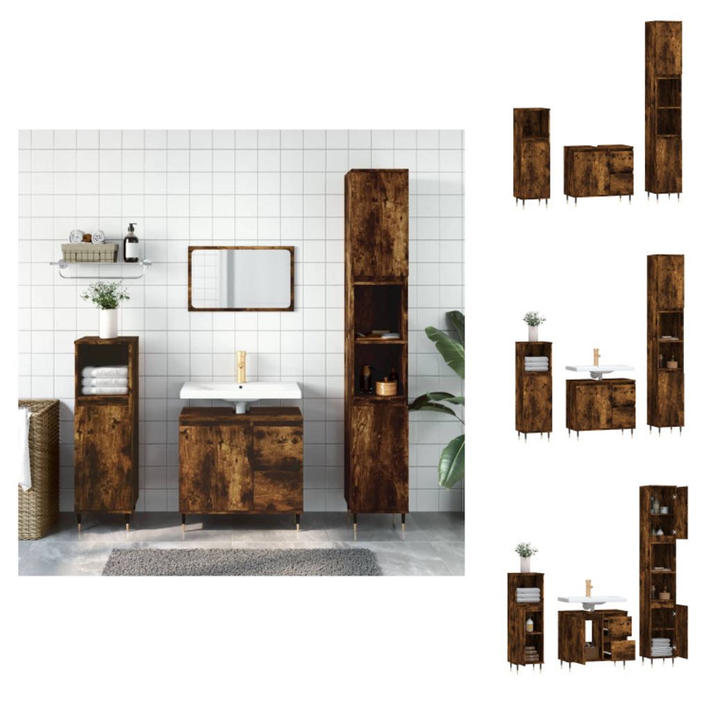 vidaXL 3-tlg. Badmöbel-Set Räuchereiche Holzwerkstoff - Badezimmermöbel-Sets