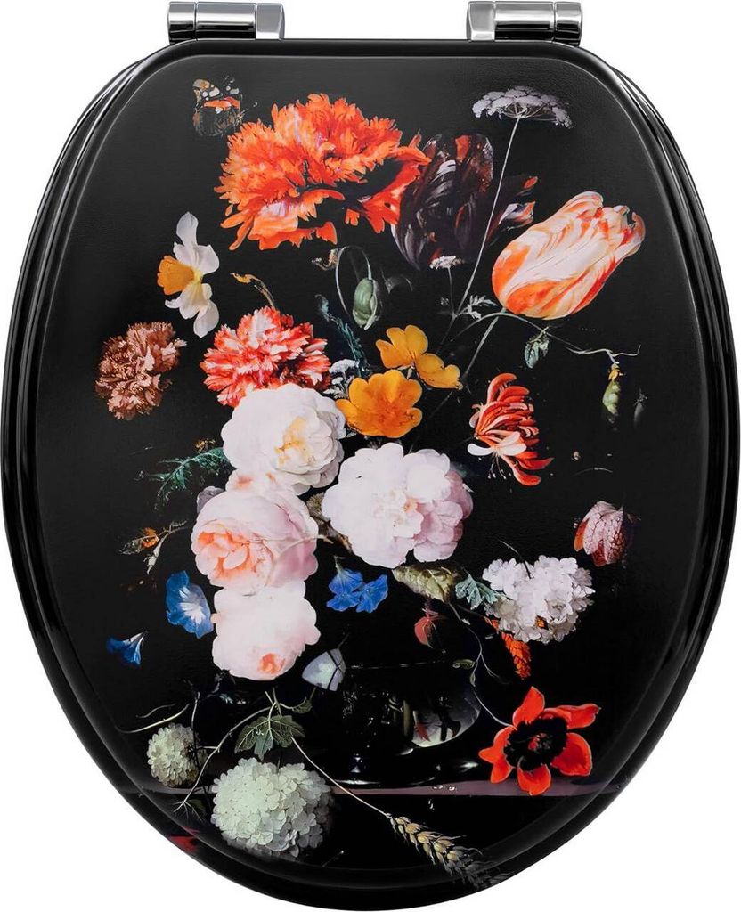 A toilet seat with a floral print on a black background.