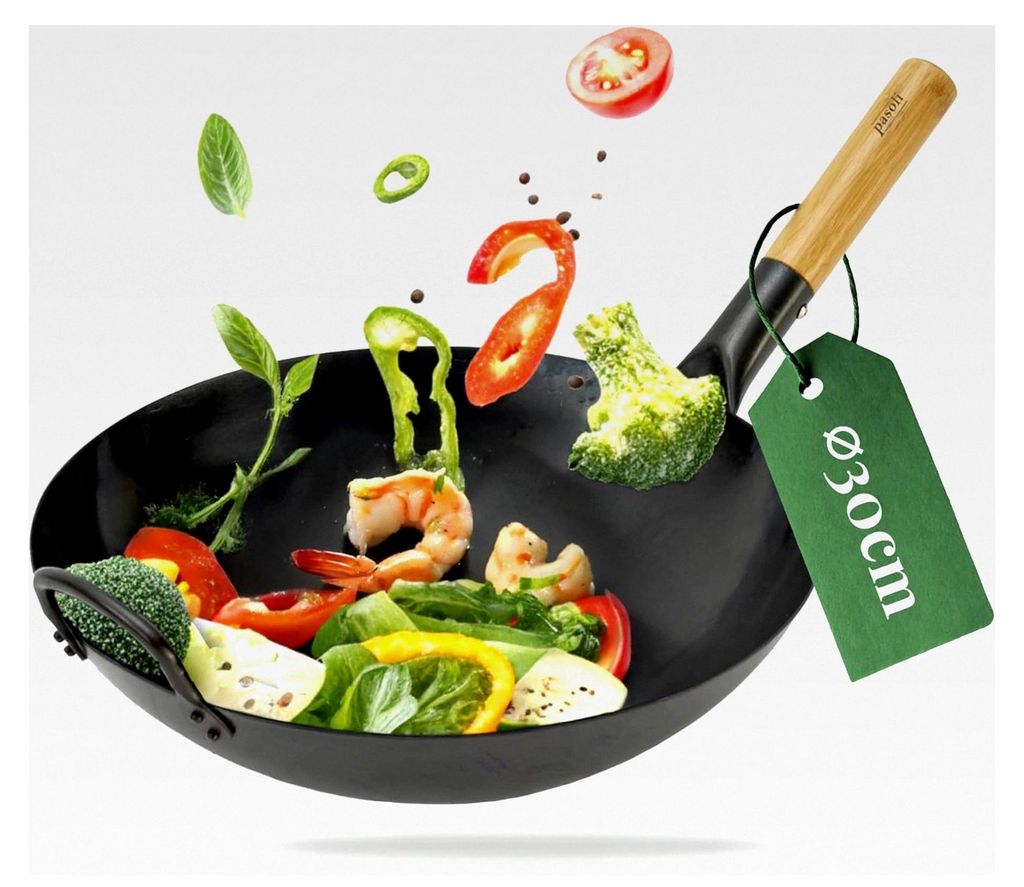 Wok für Gasherd und Grill mit em Rezept-eBook - voreingebrannt - Asiapfanne mit rundem Boden - Kohlenstoffstahl Bratwok - handgehämmerte Wokpfann...