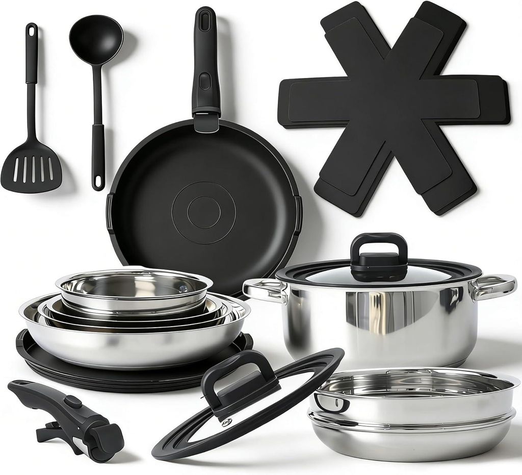 ZMH Topf-sets Abnehmbarer Griff 17 Teilig kochtopf set mit Antihaft Beschichtet Topfsets Pfannenset mit Deckel für Alle Herdarten Backofenfest