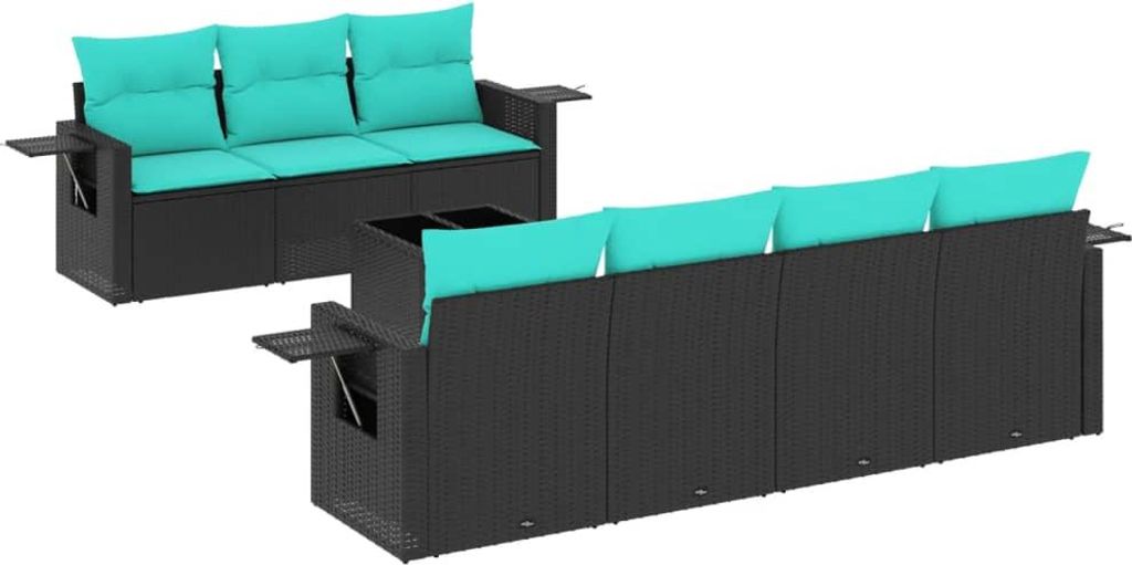 8-teiliges Gartensofa-Set mit Kissen, schwarzes Polyrattan