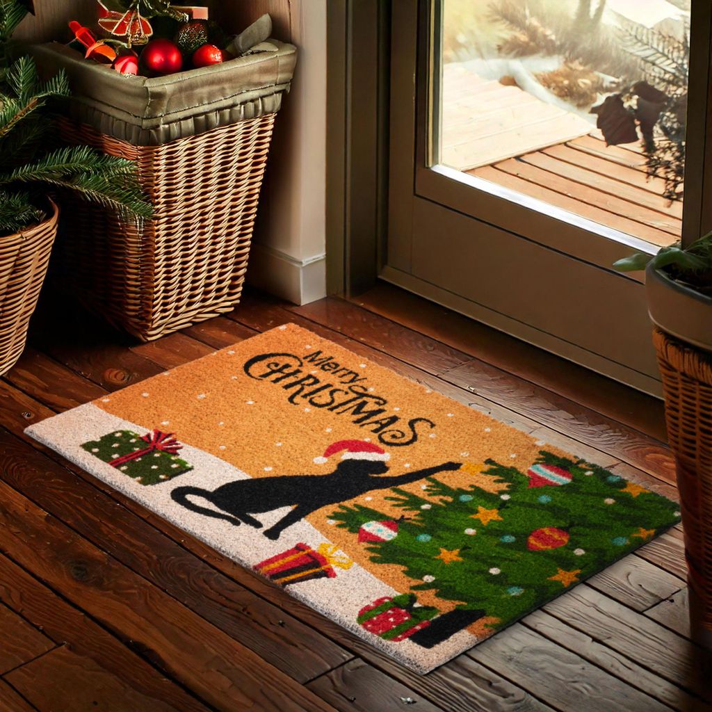 BRUBAKER Weihnachtsfußmatte - Katze Weihnachten - Merry Christmas Fußmatte für Außen & Innen - 45 x 75 cm Schmutzfangmatte - Wetterfest & Rutsc...
