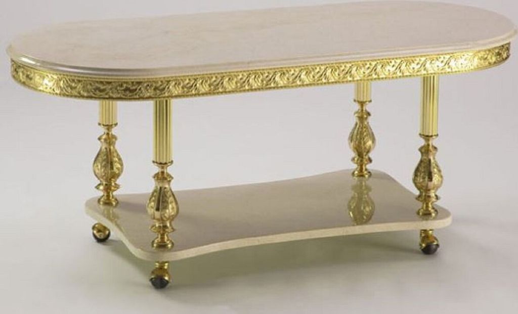 Casa Padrino Luxus Barock Couchtisch Creme / Gold 120 x 50 x H. 43 cm - Ovaler Barockstil Wohnzimmertisch mit Marmor Tischplatten und Rollen - Baro...
