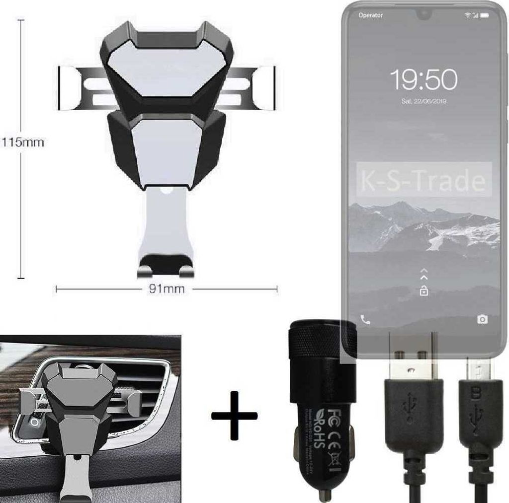 K-S-Trade KFZ Halterung kompatibel mit Qilive Q3 Halterung Lüftungshalterung Lüftungsschlitz schwarz-silber Autohalterung Handy inkl. KFZ Ladegerät