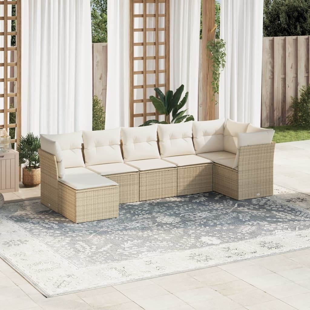 Möbel 7-tlg. Garten-Sofagarnitur mit Kissen Beige Poly Rattan 2024