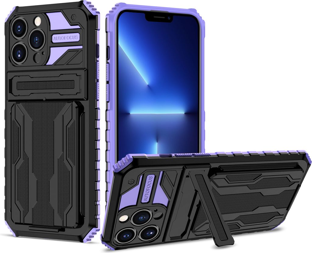 iPhone 13 Pro Max Hülle, Hybrid Robust Schutz Stoßfest Schutzhülle mit Kartenhalter Ständer für iPhone 13 Pro Max Lila