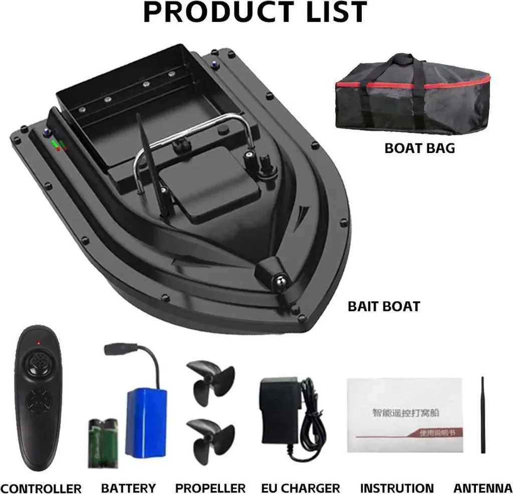 Bateau d'appât RC D16 Noir avec Batterie 12000mAh et Sondeur Intégré
