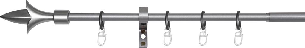 A silver curtain rod with finials and rings on a white background.