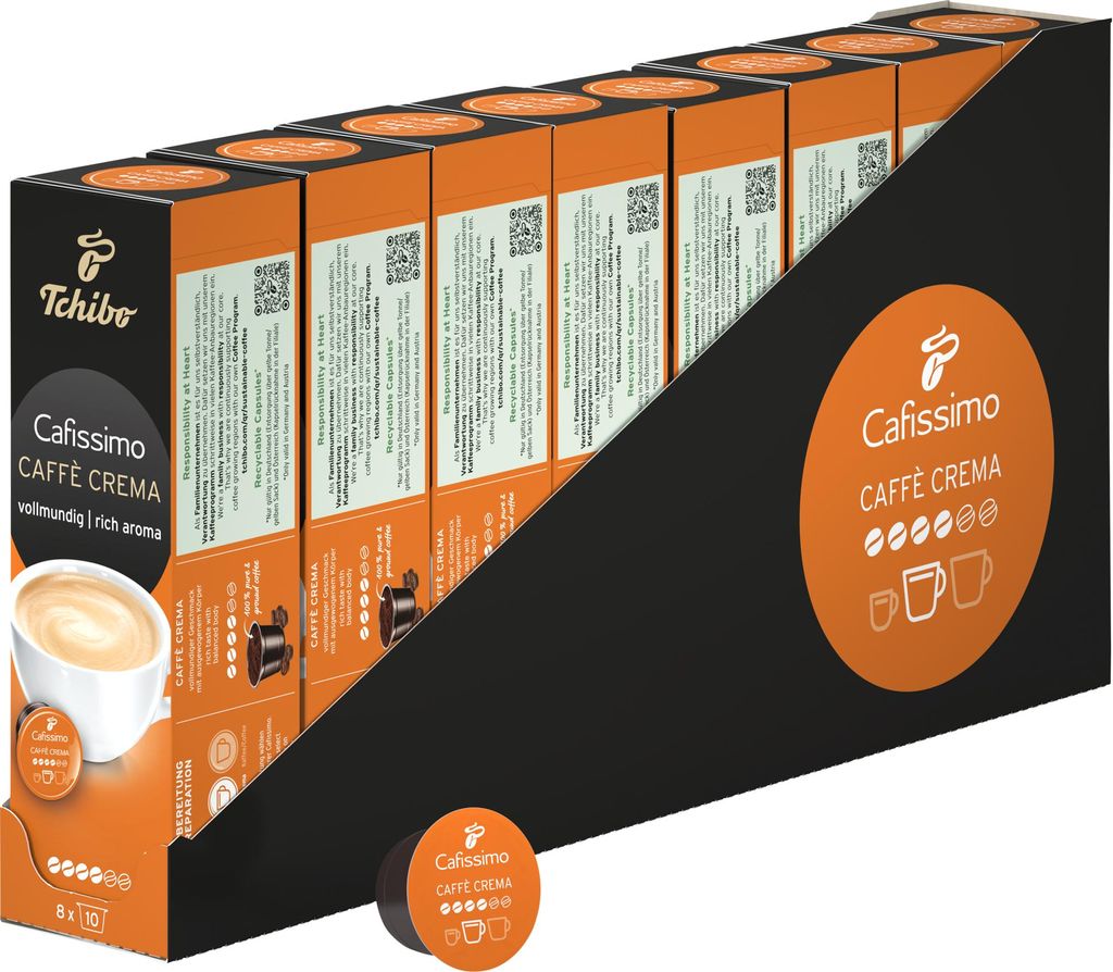 Tchibo Cafissimo Vorratsbox Caffè Crema vollmundig Kaffeekapseln, 80 Stück – 8x 10 Kapseln (Kaffee, ausgewogen und vollmundig), nachhaltig & fa...
