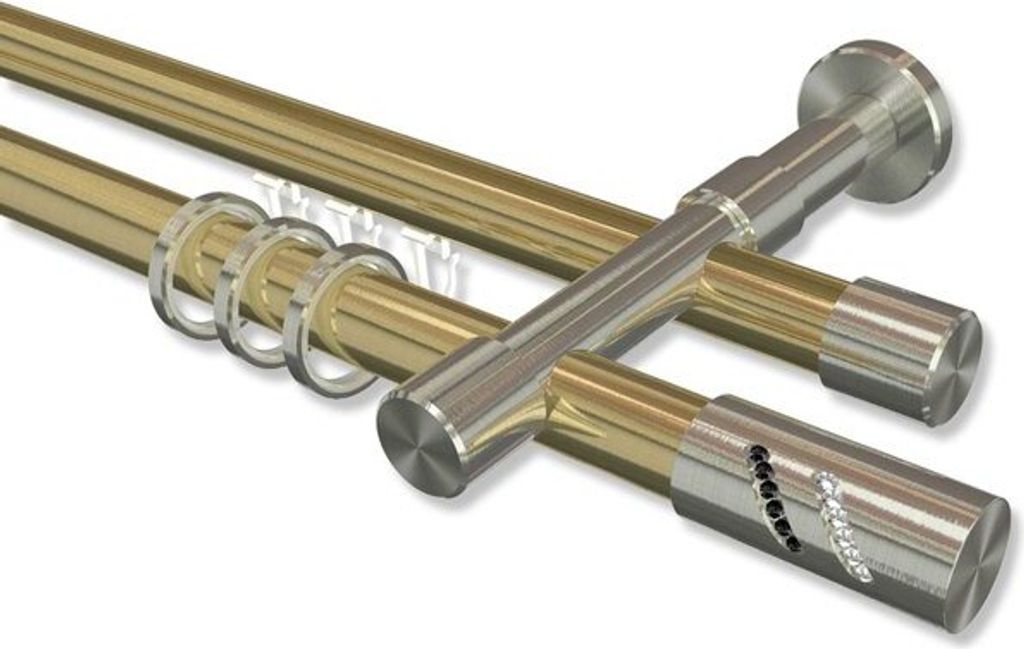 Interdeco Rundrohr-Innenlaufstange, Gardinenstange (Kombination) Messing-Optik / Edelstahl-Optik Modell Prestige Zoena, 20 mm Ø 2-läufig, 120 cm