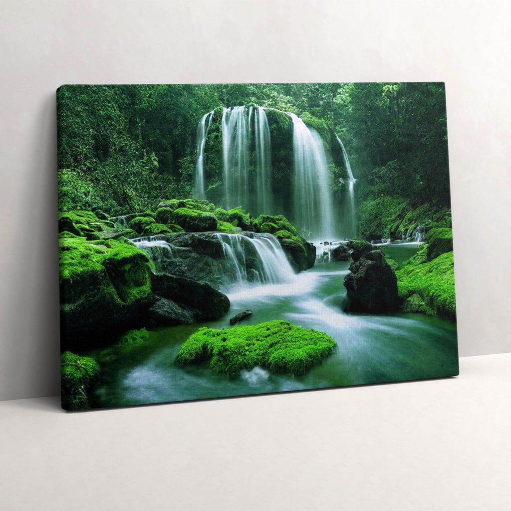 Wasserfall zwischen Moos – Leinwandbild Wandbild – 80x60 cm – Leinwandbilder – Wandbilder – Schlafzimmer – Flur