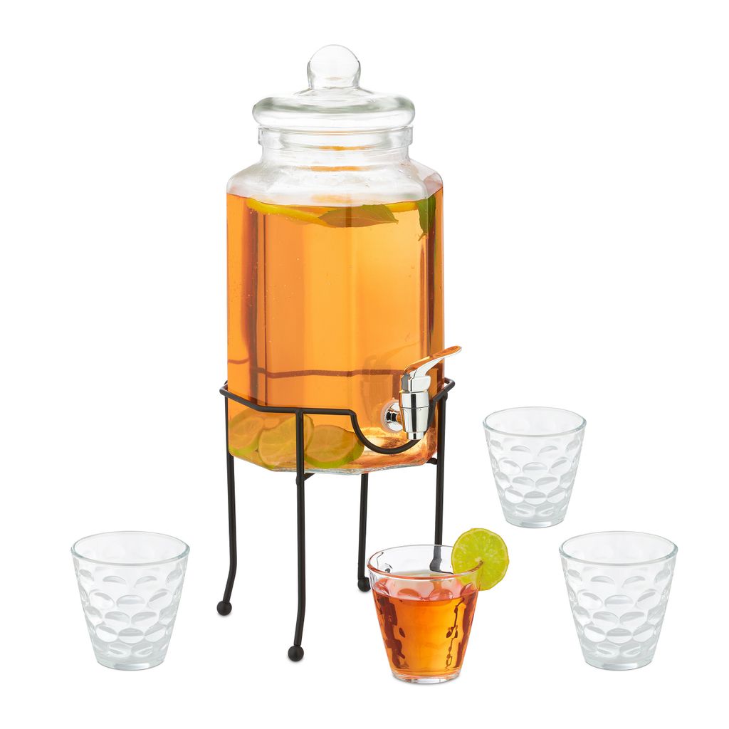 Relaxdays Getränkespender Set mit 4 Trinkgläsern transparent 3,4 Liter Wasserspender Limonadenspender mit Zapfhahn 